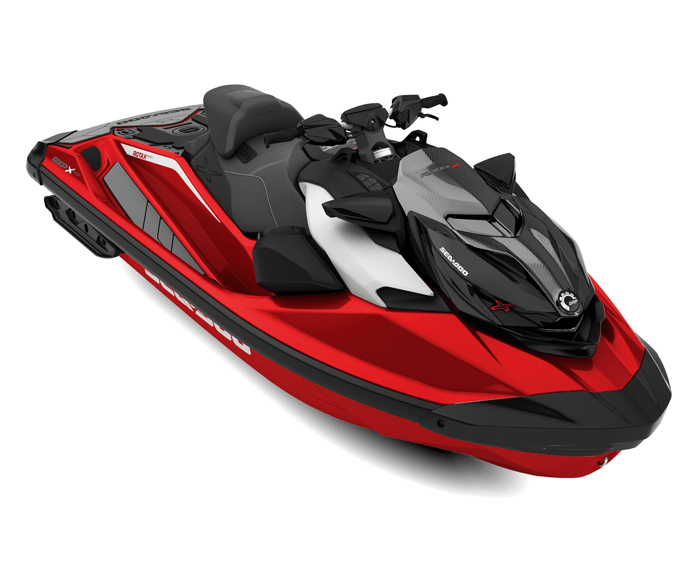 Rød og svart sjøgående jet ski med sportslig design og kraftig motor, ideell for fritidsaktiviteter og vann-sport. Perfekt for impulsiv vannlek og oppdagelsesreiser på sjøen.