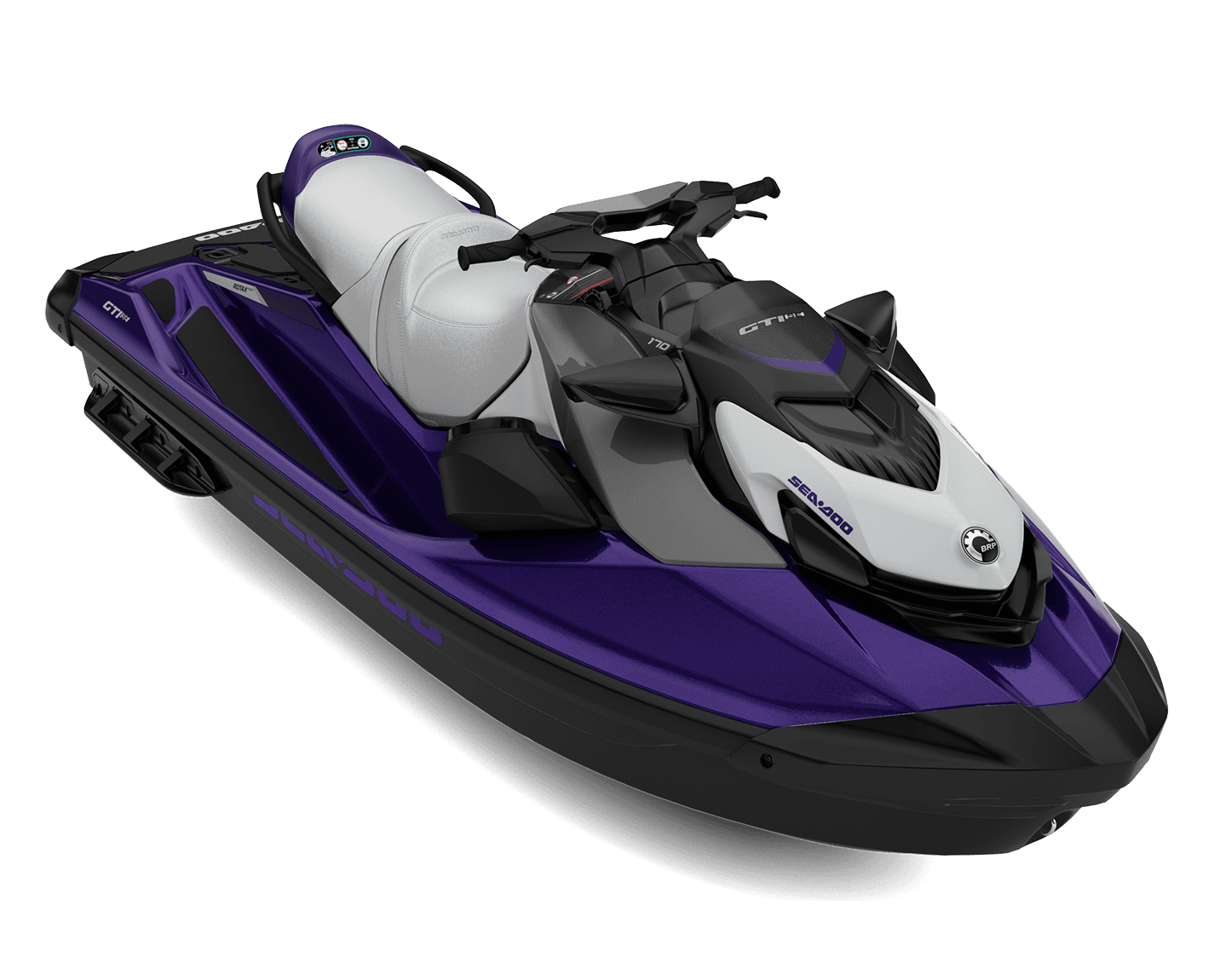 Høyoppløst bilde av en Sea-Doo GTX 300 vannskuter med sporty design i svart, hvitt og lilla farger, egnet for fritid og vannsport.