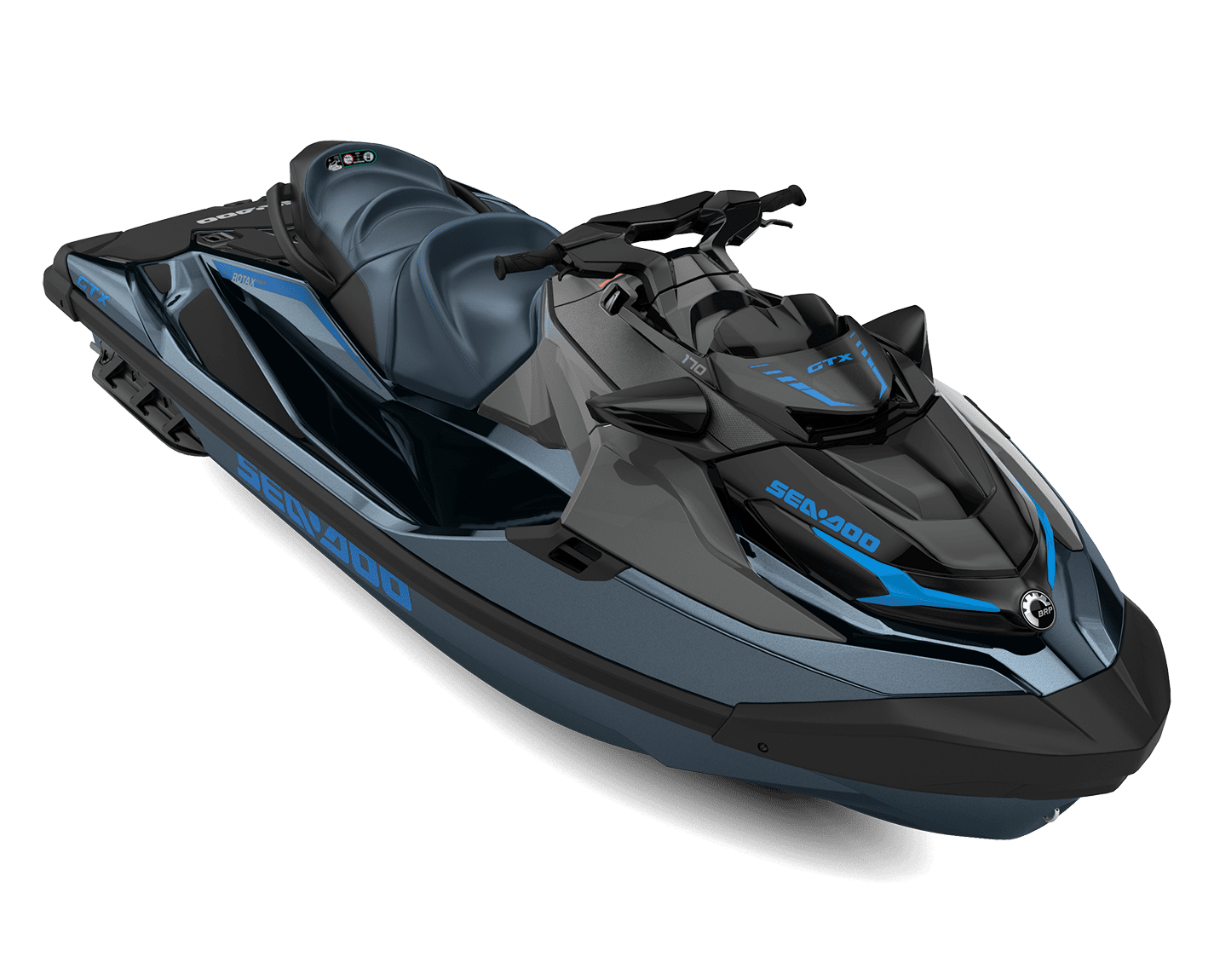 Nybåtsjet-ski i blå og svart design, egnet for fritidsbruk og vannaktiviteter, med kraftig motor og moderne teknologi for optimal opplevelse.