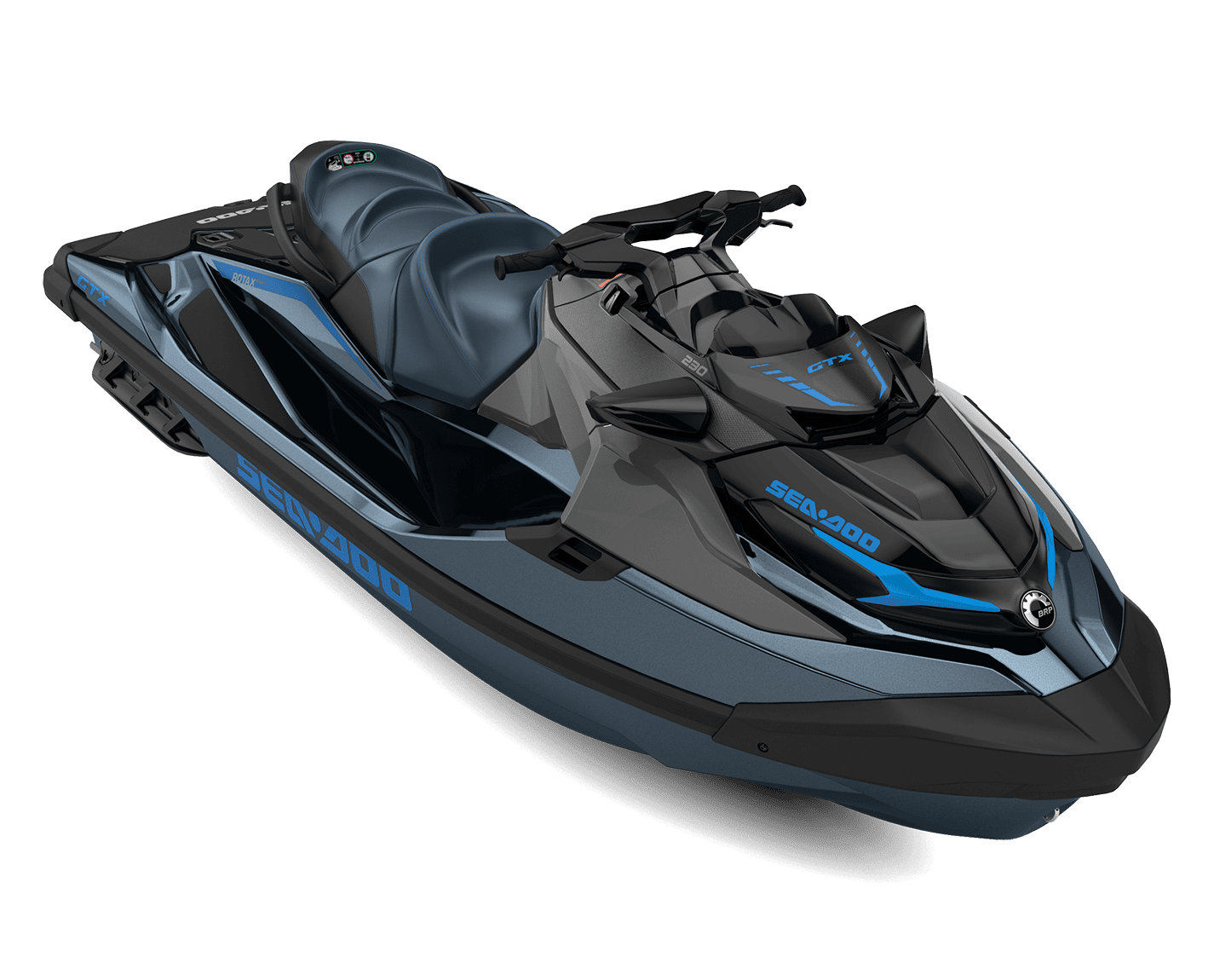 Høyoppløst bilde av en blå og svart vannjet-ski med moderne design, perfekt for fritidskjøring og vannsport. Ideell for ATV- og fritidstilbud, med fokus på sjøaktiviteter og vannrelaterte eventyr.