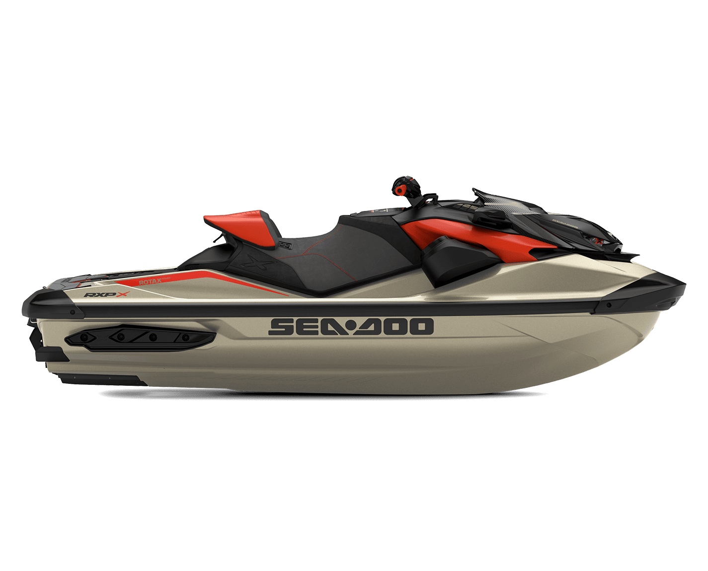 Hvitt og svart sittemerke på motorbåt med røde og svarte detaljer, navigasjonsutstyr, og kraftig design for ATV og fritidseventyr.