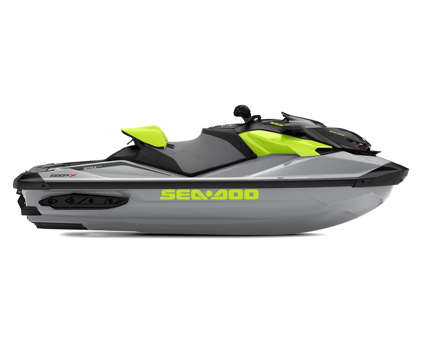 RIB-skøyte for fritid og vannsportsaktiviteter i lysegrå, svart og neongul, designet for avansert vannkjøring og moro.