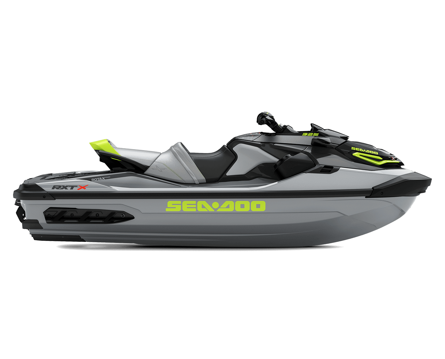 Røykgrå Sea-Doo RXT-X personlig vannfarkost med neon grønt detaljer og kraftig motor, perfekt for vannsport og fritidseventyr.